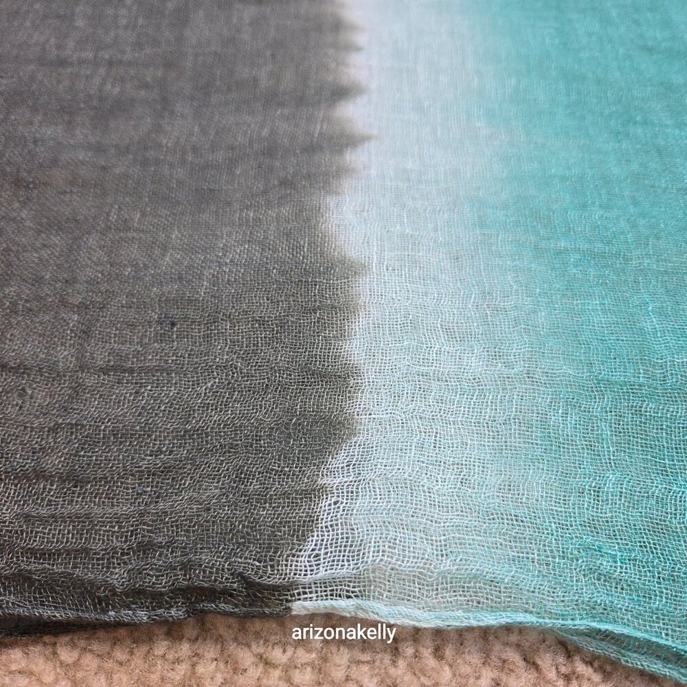 Eileen Fisher Linen Scarf Gradient Ombre Bluish Green to Brownish Green - Picture 7 of 9